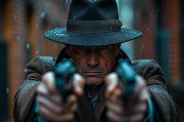 Close-up of a determined man aiming two guns at camera, with rain enhancing the drama