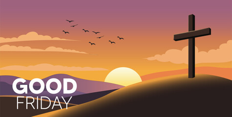 Jesus on the cross on hill with fantasy sky vector poster for good Friday 