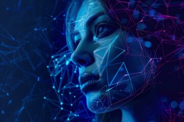 Female facial and iris recognition. Futuristic looking artificial intelligence face with digital background. Biometrics concept in dark background