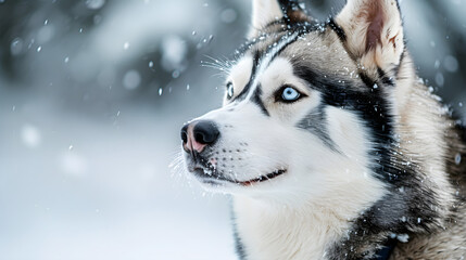 Naklejka premium Husky dog portrait, winter snowy background. Funny pet on walking before sled dog training