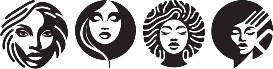 minimalist shapes portray african women with afro hairstyles, black vector graphic