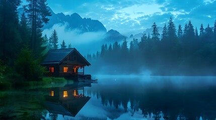 Fototapeta premium Illuminated Wooden house in the forest on a calm reflecting lake with the foggy mountains in the background at dusk 