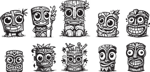 funny cartoon characters resembling small tiki masks with big eyes, tropical hawaiian theme, black vector graphic - obrazy, fototapety, plakaty