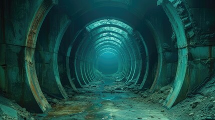 Mysterious and eerie abandoned underground tunnel with a circular structure, suggesting post-apocalyptic scenery. - obrazy, fototapety, plakaty