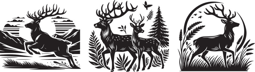 deer in nature with trees and forest backdrop, serene and running, black vector graphic