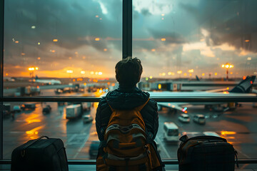 Little boy with backpack on his back looks out the airport window and waits for his plane. Back view