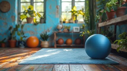 Obraz na płótnie Canvas Cozy home fitness corner with a blue exercise ball, yoga mat, and indoor plants, bathed in natural light.