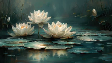 Foto op Canvas Digital art of serene lotus flowers blossoming on calm, misty waters with a soft-focus background. © Fostor