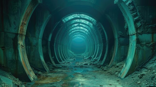 Mysterious and eerie abandoned underground tunnel with a circular structure, suggesting post-apocalyptic scenery.