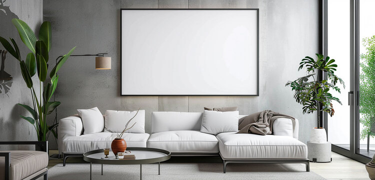 modern living room with sofa and bulb  with empty frame mockup