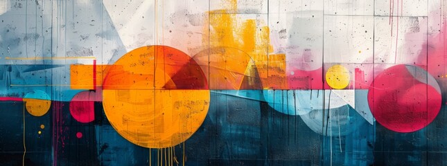 Abstract urban mural with overlapping geometric shapes in red, orange, and blue tones, creating a dynamic composition on a textured concrete wall.