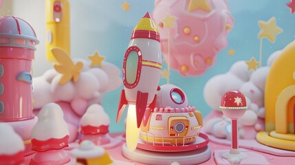 Imaginative 3D adventure with a mechanical rocket and its crew of fluffy whimsical creatures exploring the vastness of a pink star filled universe