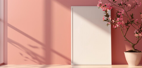 empty frame mockup on pink wall with pink flowers