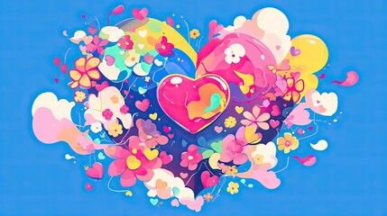 A vibrant and colorful heart surrounded by whimsical floral elements and shapes on a blue background