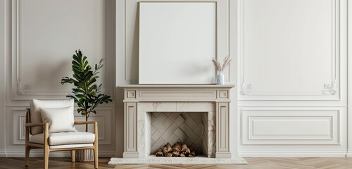 interior with fireplace and empty frame mockup