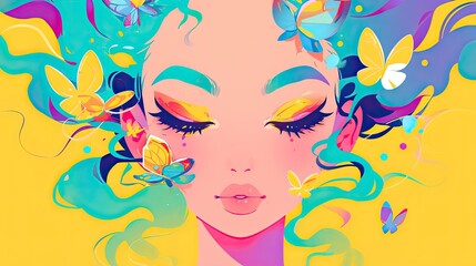 A vibrant digital artwork depicting a colorful and serene female face with butterflies