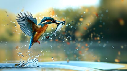 Kingfisher catching fish. Small bird king fisher in fly