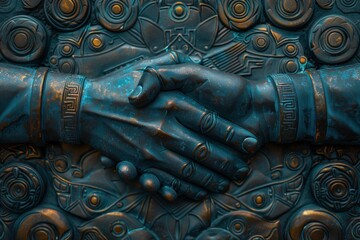 A detailed view of a statue portraying two individuals shaking hands, symbolizing partnership, agreement, and unity in a monumental sculpture