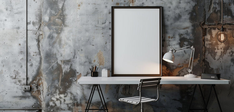 table and chair with empty white frame mockup