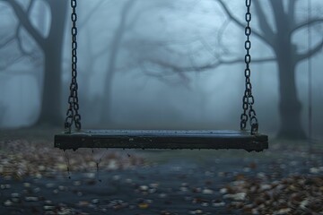 The fog-enveloped swing, with its minimal style and dark blur, stirs a haunting mix of nostalgia and dread.