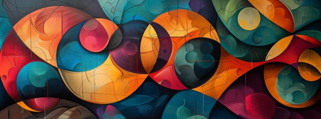 Vibrant abstract mural showcasing a blend of organic and geometric shapes with a rich palette of oranges, blues, and reds.