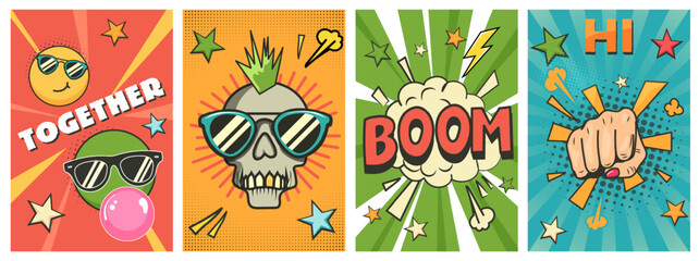 op art comic poster. skull, star, fist