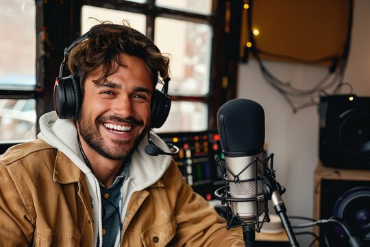 Joyful Radio Host Engages Listeners During Live Broadcast From Cosy Studio at Dusk