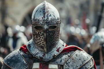 Naklejka premium Chick in a knight armor, standing brave on a medieval castle blur background, ready for the tournament.
