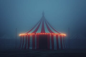Closed circus tent at midnight, minimal style, blur dark tone, suggesting hidden horrors.