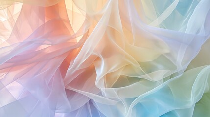 Translucent layers of abstract shapes, softly illuminated by a gradient of pastel tones, creating an ethereal and calming atmosphere.