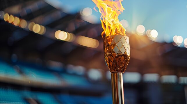 Flaming torch in a sports stadium. Olympic flame concept with copy space for design and print