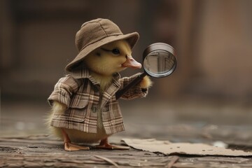 A duckling in a detective outfit, holding a magnifying glass, investigates clues on a blurred brown background.