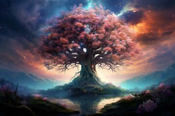 Illustration of a fantastic magic big tree with deep strong roots and large crowns	
