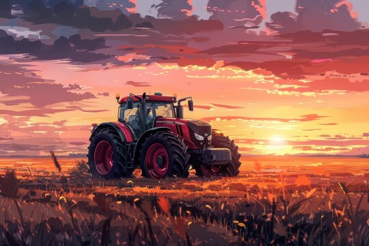 A painting depicting a tractor driving through a vast field as the sun sets in the background. The tractor stands out against the warm, golden sky, with the field stretching into the distance