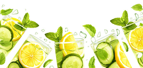 Detox water with slices of lemon, cucumber, and mint, isolated on a white background. Realistic style, 4K resolution
