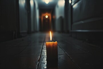 Flickering candle in a dim hallway, sleek design, subtle shadows, hinting at hidden figures.