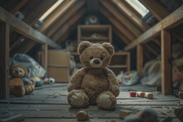 Forgotten attic toys, minimal style with a dark, blurred tone, symbolize lost childhoods.