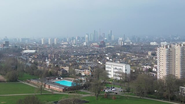 LONDON: Aerial view of London skyline, showing Brockwell Lido and Herne Hill Brixton area of SW London with Nine Elms in the distance. 