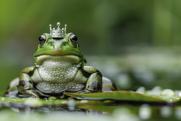 Obraz premium A regal frog donning a prince's attire and crown sits elegantly on a lily pad against a blurred green backdrop.
