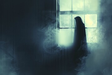 Ghostly figure at a window, with a minimal style and blurred dark tone, delves into themes of longing and mystery.