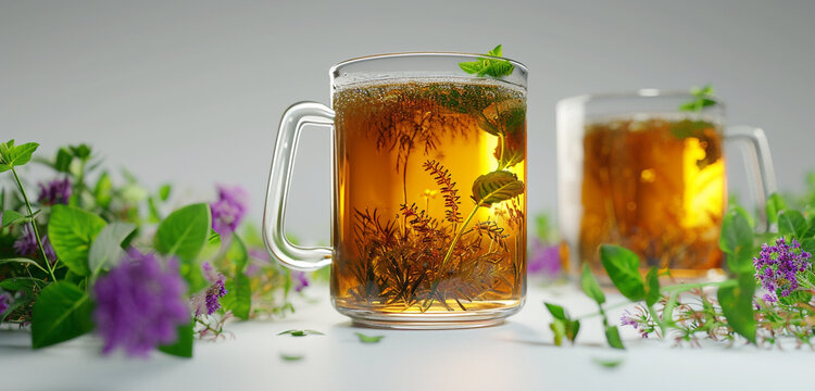 Freshly brewed herbal teas in transparent mugs, isolated on a white background. Realistic style, 4K resolution
