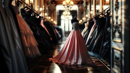 Modern women's dress shop. Pink dress for women among black dresses. Very expensive beautiful shop with marvellous dresses. Royal boutique of clothes for women. Presentation and demonstration of goods