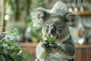 Fototapeta premium Koala dressed as a chef, tasting eucalyptus leaves, culinary kitchen blur background