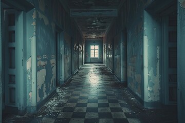 Light flickering in an abandoned asylum, minimal style, blurred dark tone, exploring lost minds.