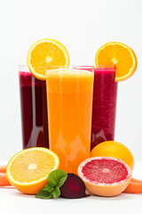Freshly squeezed juices from oranges, carrots, and beets isolated on a white background, realistic, 4K