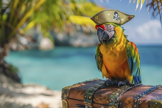 Parrot in a pirate hat, perched on a treasure chest, tropical beach blur background.