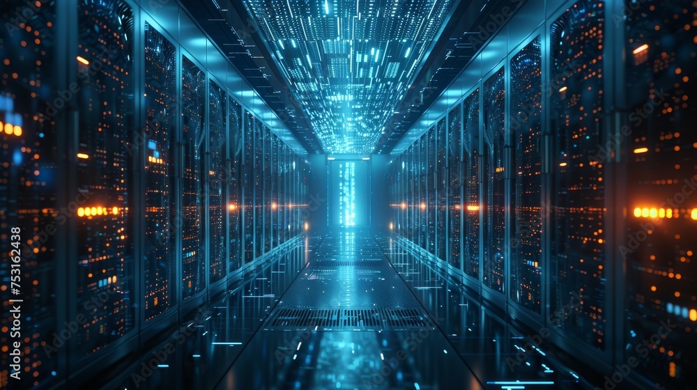 Poster a futuristic data center filled with servers powering cloud computing