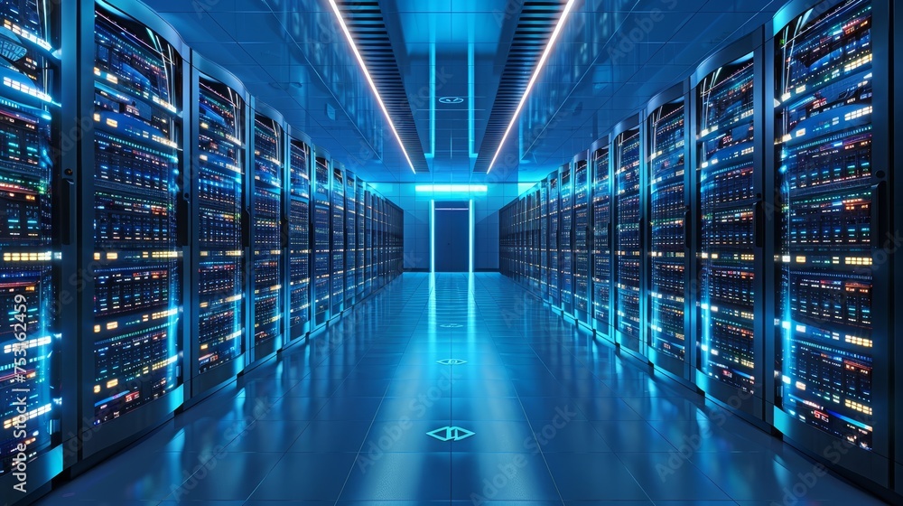 Poster a futuristic data center filled with servers powering cloud computing