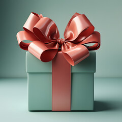 Open gift box or present box with red ribbon and bow isolated on green blue pastel color background with shadow 3D rendering.