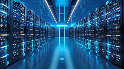 A futuristic data center filled with servers powering cloud computing